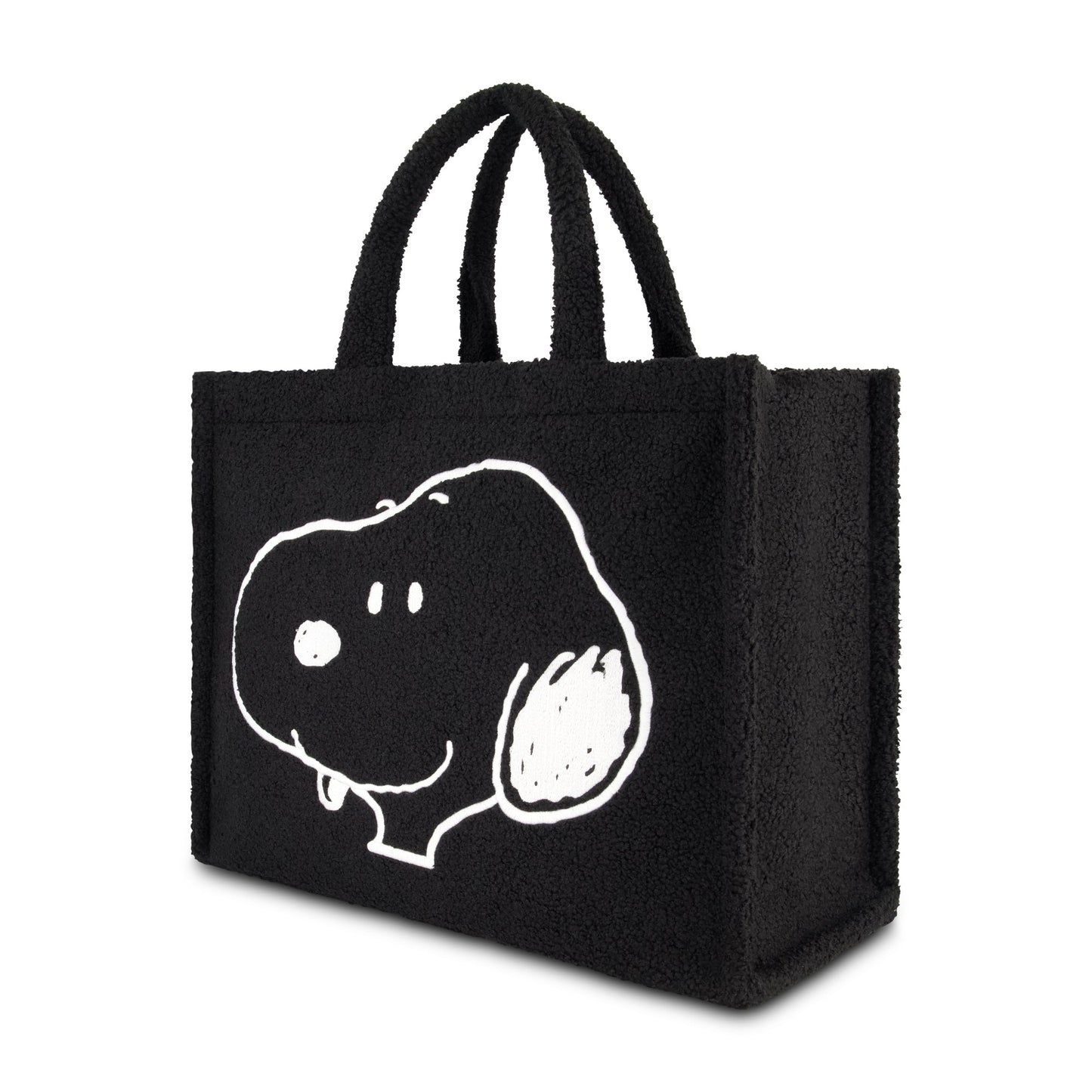 Front view of black sherpa tote bag featuring iconic Snoopy artwork