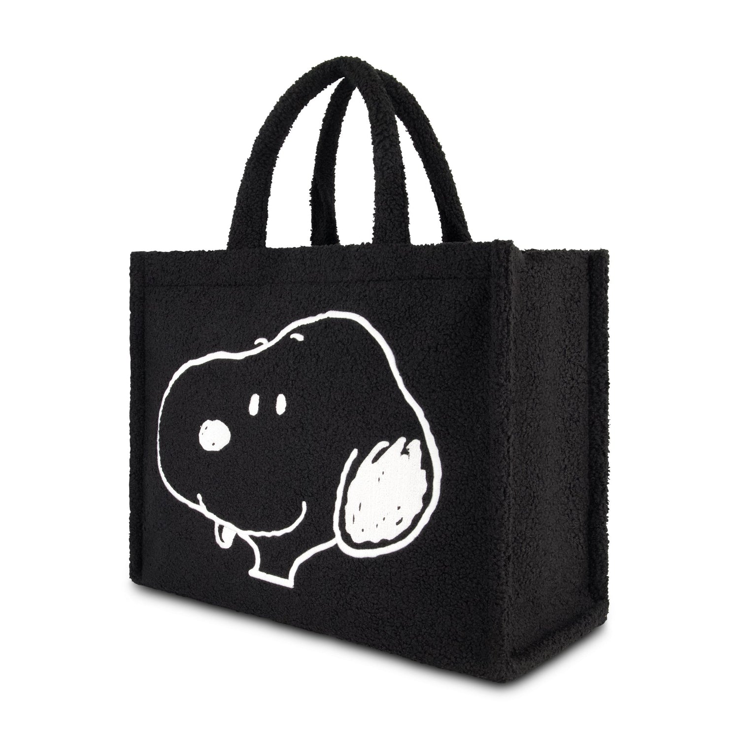 Front view of black sherpa tote bag featuring iconic Snoopy artwork