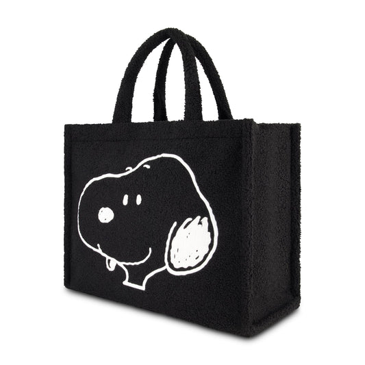 Peanuts Snoopy Black Sherpa Tote Bag showing embroidered Snoopy face-2