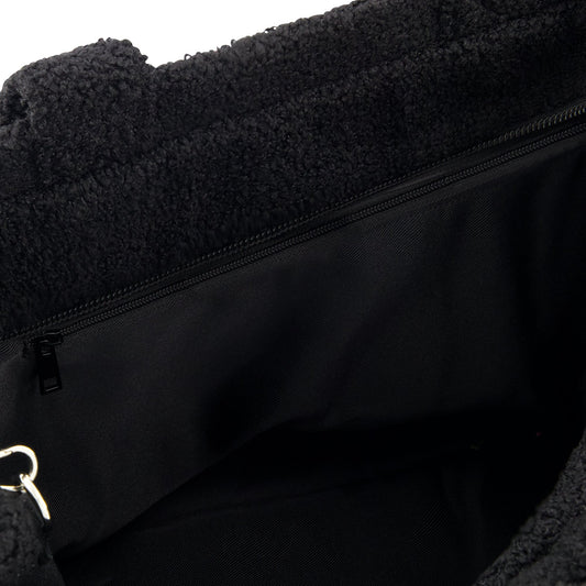 Peanuts Snoopy Black Sherpa Tote Bag showing embroidered Snoopy face-4