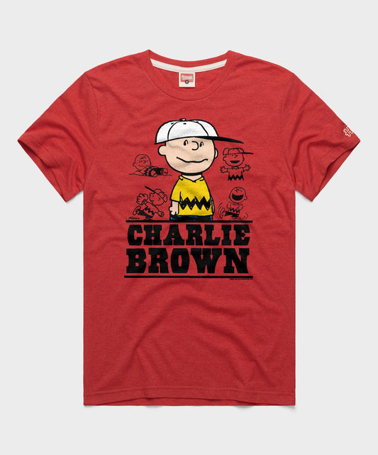 Red crewneck t-shirt featuring a vintage Charlie Brown graphic printed on the front chest-0