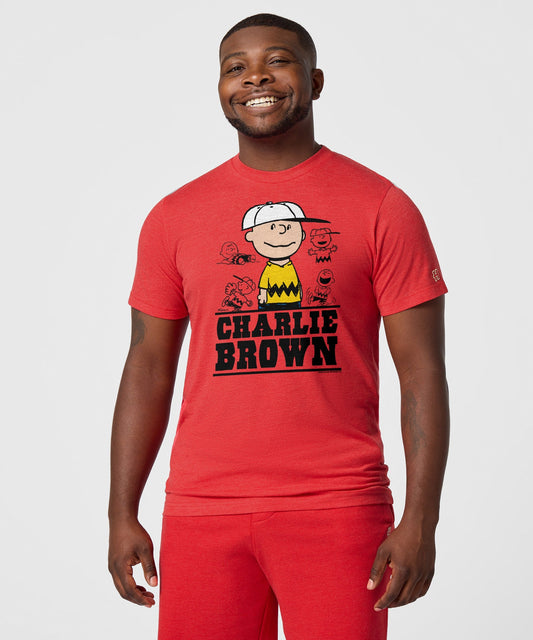 Red crewneck t-shirt featuring a vintage Charlie Brown graphic printed on the front chest-2