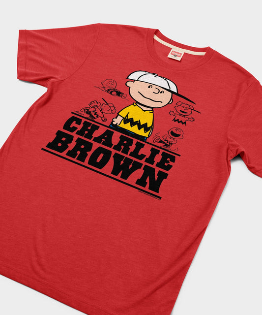 Red crewneck t-shirt featuring a vintage Charlie Brown graphic printed on the front chest-1