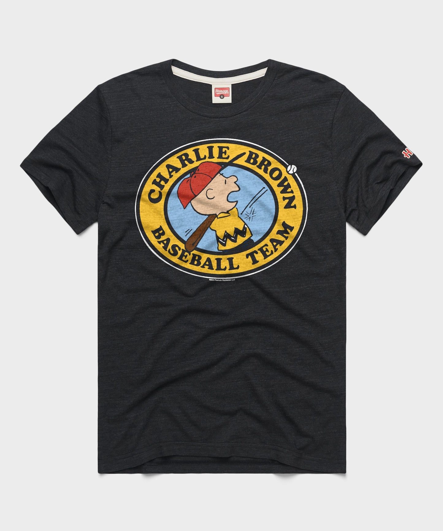 Charcoal t-shirt featuring the Charlie Brown baseball team graphic on the chest