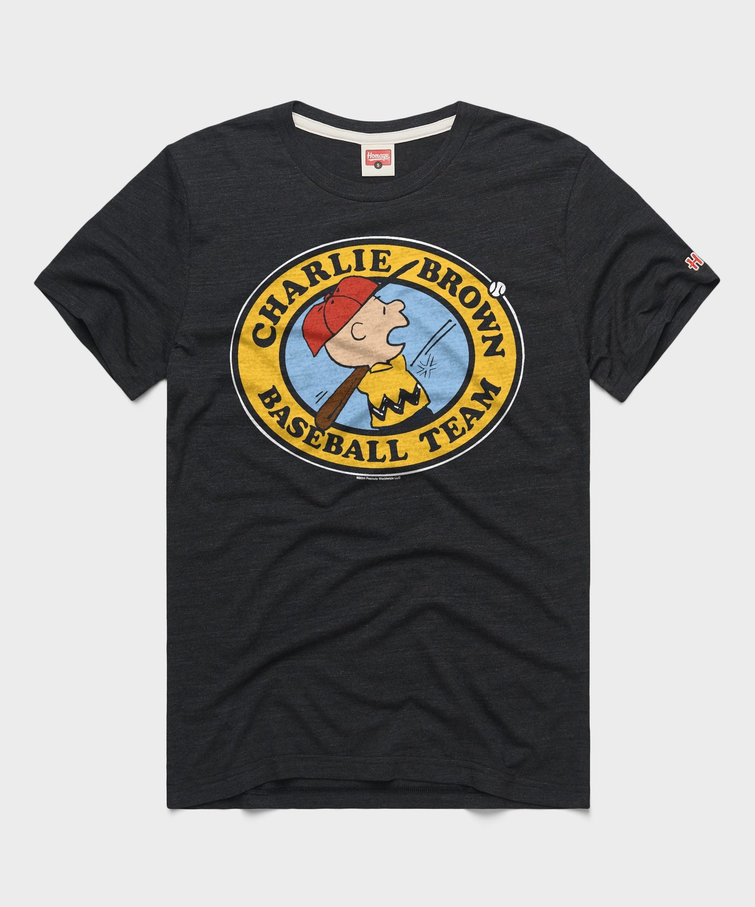 Charcoal t-shirt featuring the Charlie Brown baseball team graphic on the chest