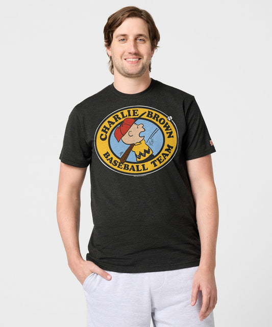 Charcoal t-shirt featuring the Charlie Brown baseball team graphic on the chest-2