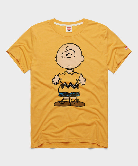 Gold crew-neck t-shirt featuring a vintage graphic of Charlie Brown centered on the front chest-0