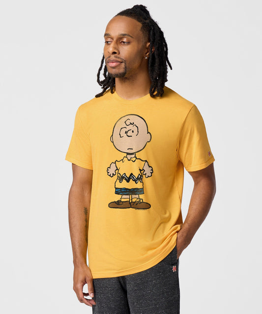 Gold crew-neck t-shirt featuring a vintage graphic of Charlie Brown centered on the front chest-2