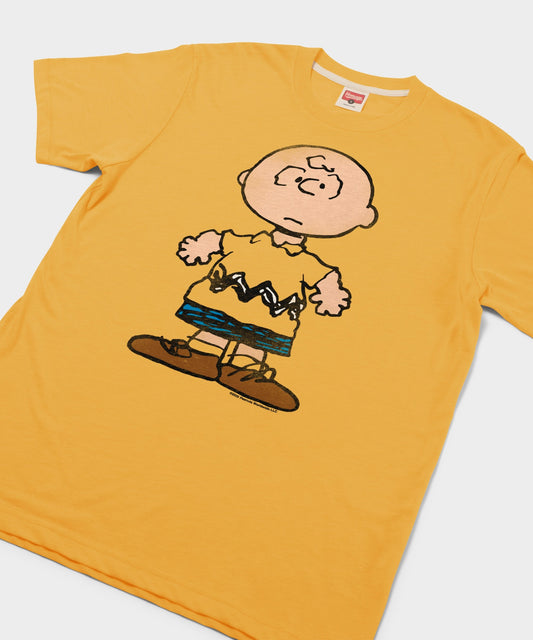 Gold crew-neck t-shirt featuring a vintage graphic of Charlie Brown centered on the front chest-1
