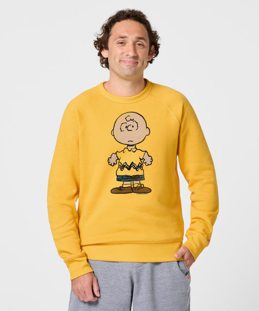 Gold crew-neck sweatshirt featuring a large Charlie Brown graphic centered on the front chest-2