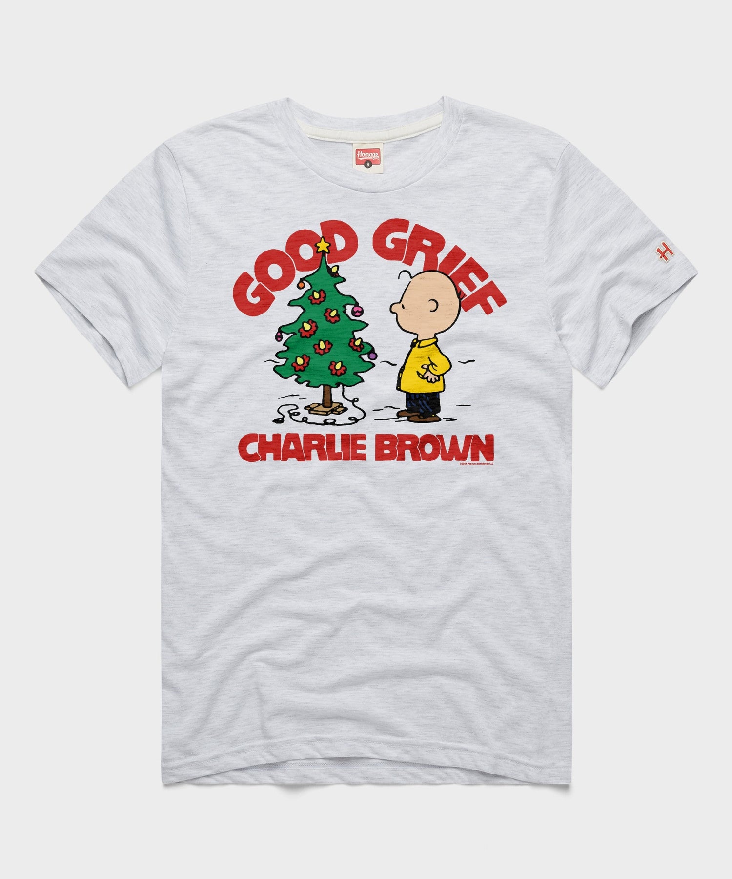 Ash crewneck t-shirt featuring Charlie Brown standing beside a sparse Christmas tree on the front chest