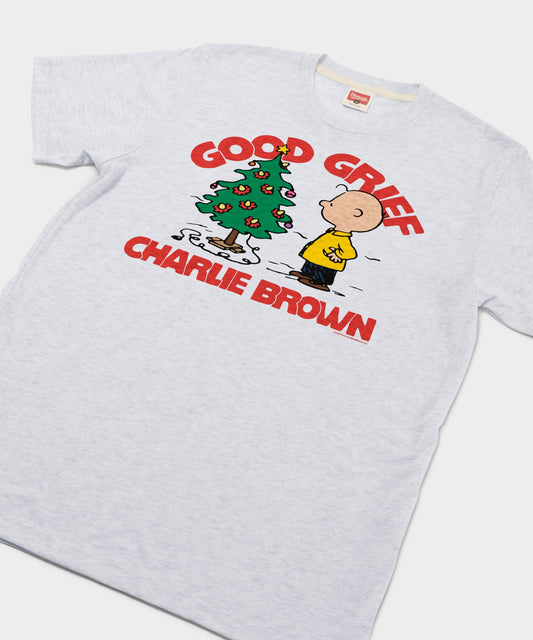 Ash crewneck t-shirt featuring Charlie Brown standing beside a sparse Christmas tree on the front chest-1