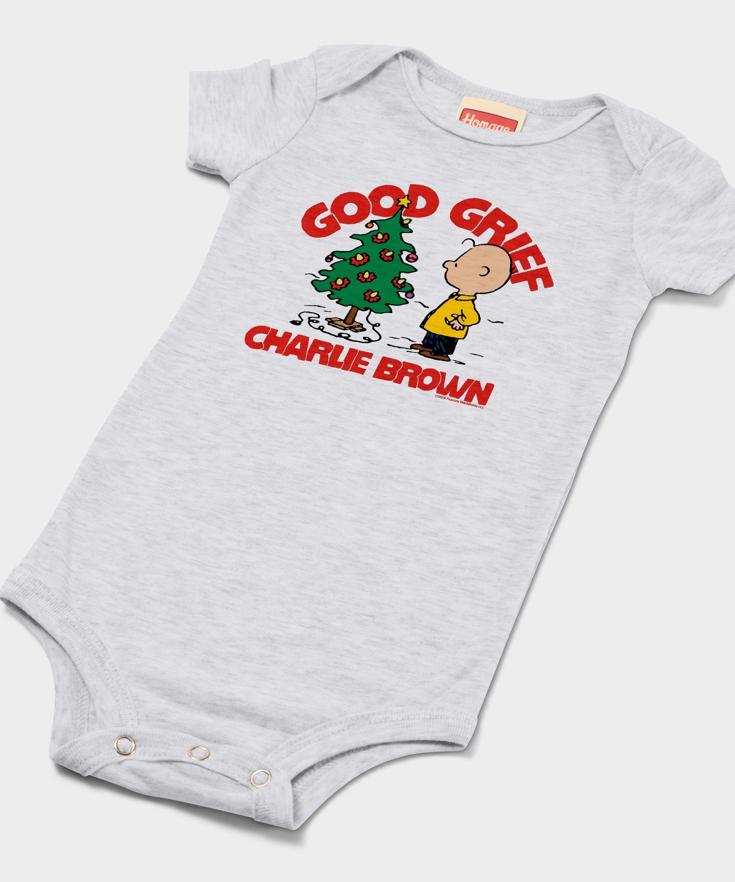 Close-up of the front graphic showing Charlie Brown and his classic holiday evergreen