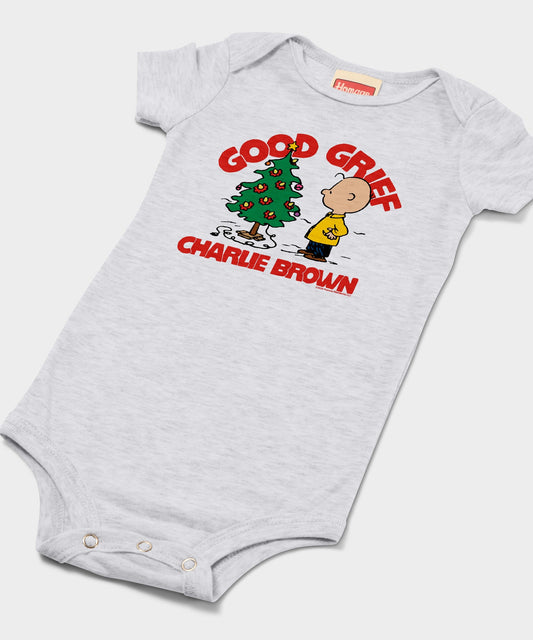 Ash baby one piece featuring Charlie Brown standing beside his tiny tree on the front chest-1