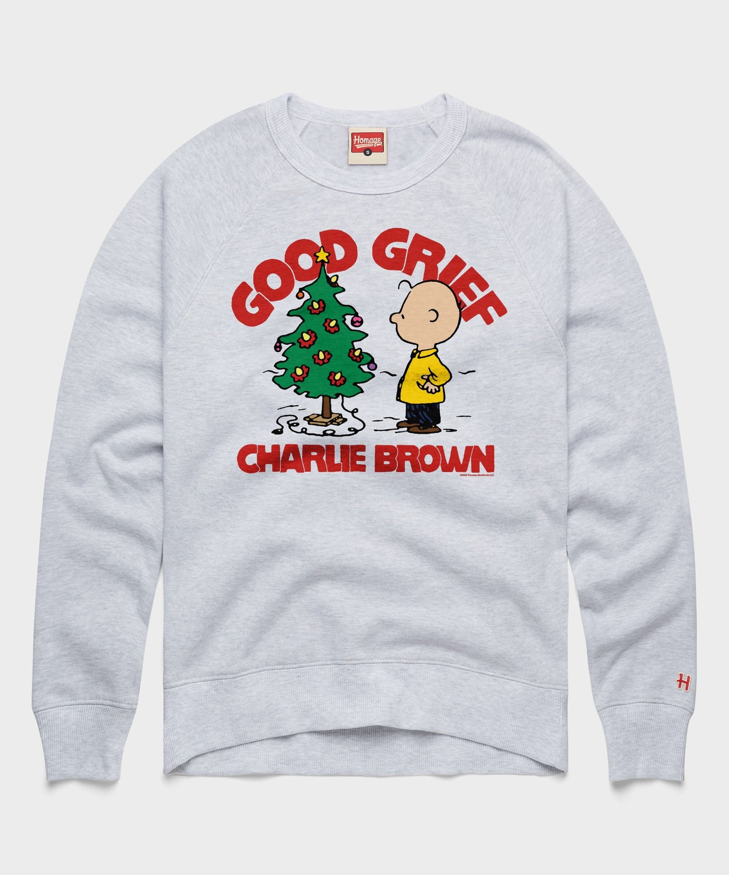 Ash gray crewneck sweatshirt featuring a vintage Charlie Brown Christmas graphic on the front chest