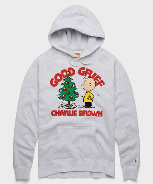 Ash gray Peanuts pullover hoodie featuring Charlie Brown and holiday graphics centered on the front chest-0