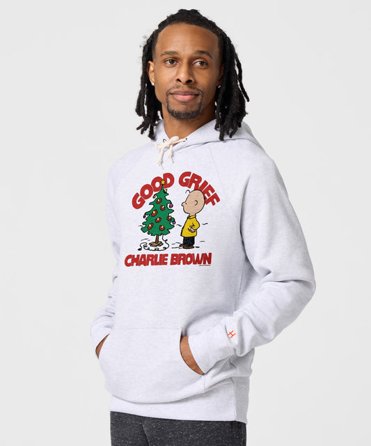 Ash gray Peanuts pullover hoodie featuring Charlie Brown and holiday graphics centered on the front chest-2