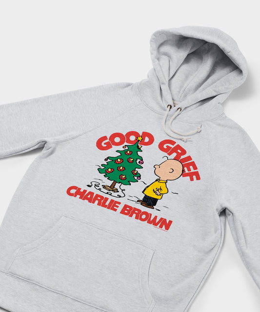 Ash gray Peanuts pullover hoodie featuring Charlie Brown and holiday graphics centered on the front chest-1