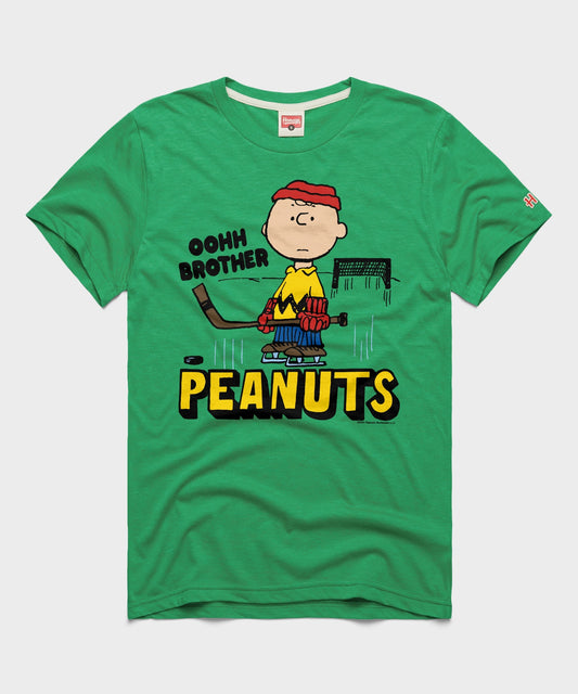 Green HOMAGE crew-neck t-shirt featuring a vintage Charlie Brown hockey graphic on the chest-0