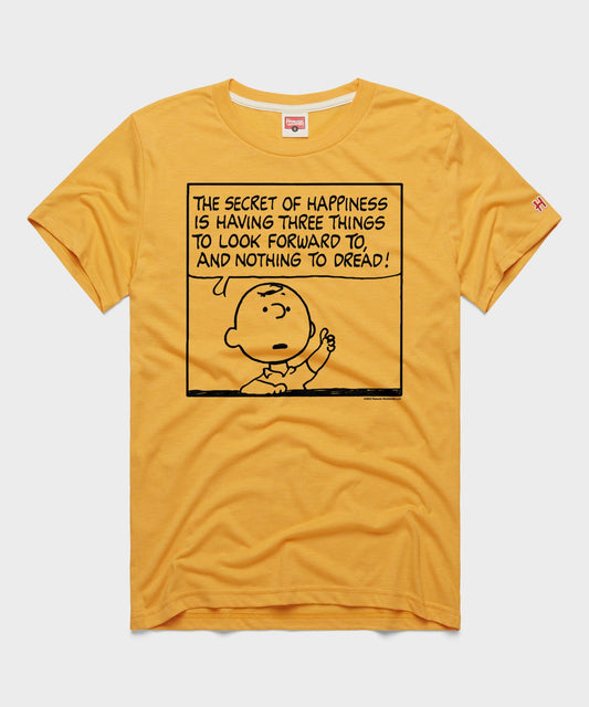 Gold crewneck t-shirt featuring a vintage Charlie Brown graphic centered on the front chest-0