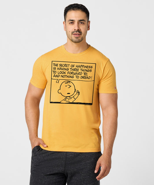 Gold crewneck t-shirt featuring a vintage Charlie Brown graphic centered on the front chest-2