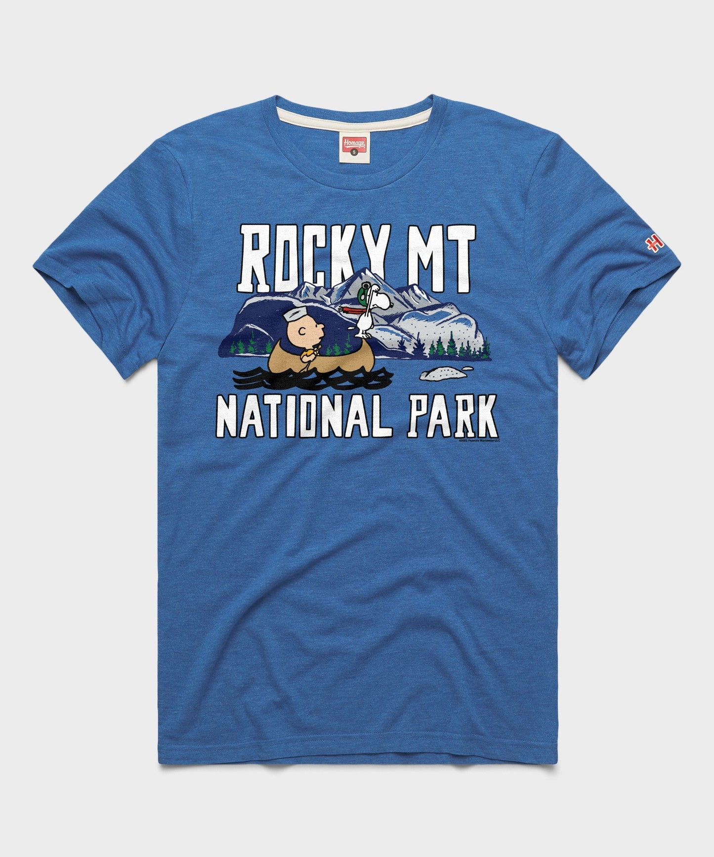 Royal blue cotton t-shirt featuring Charlie Brown and a Rocky Mountain National Park graphic centered on the front chest