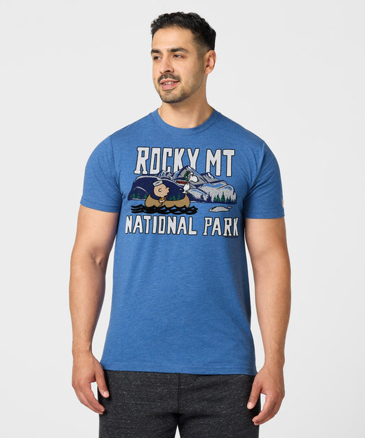 Royal blue cotton t-shirt featuring Charlie Brown and a Rocky Mountain National Park graphic centered on the front chest-2