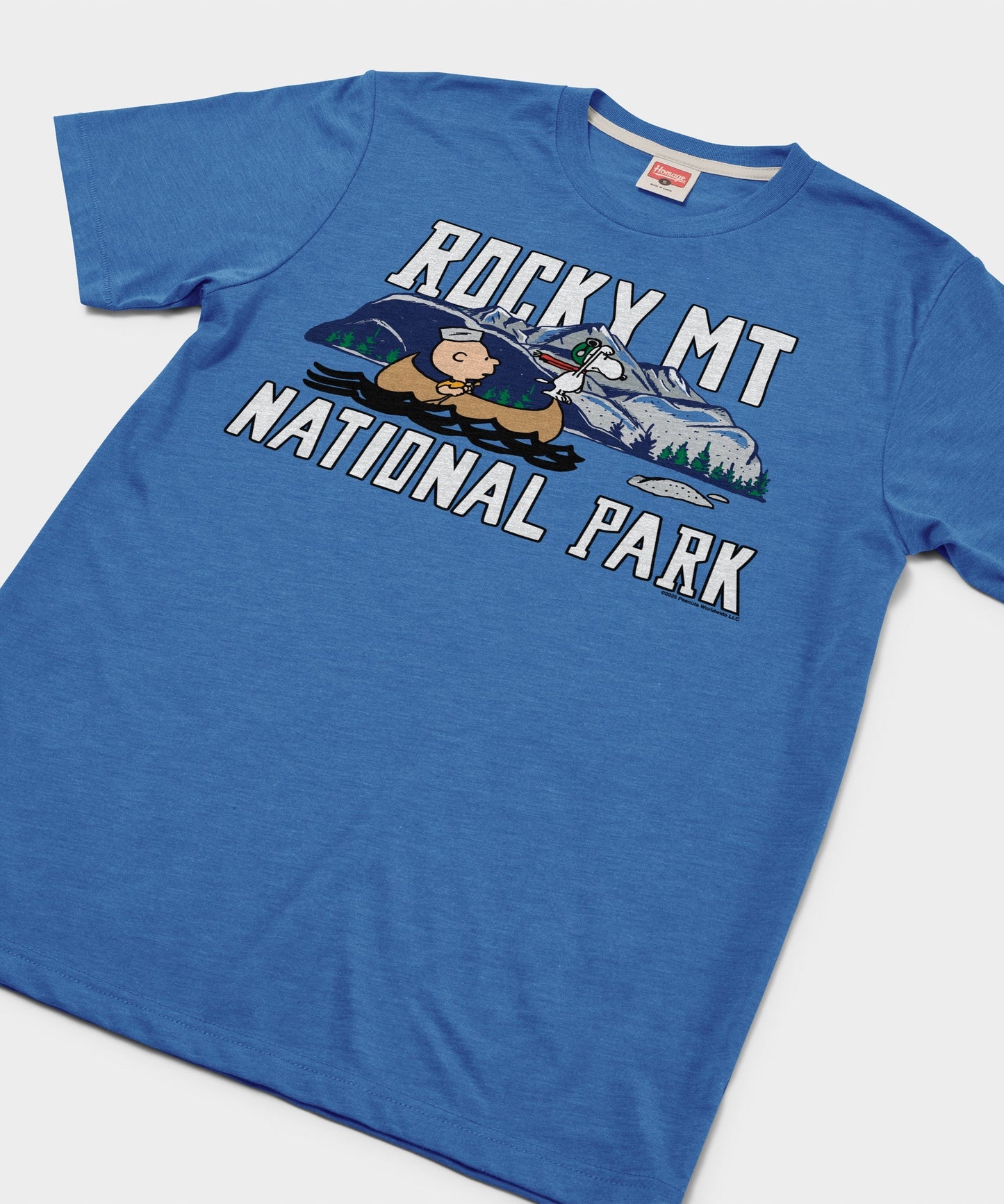 Close-up view of the Charlie Brown graphic and retro lettering printed on the royal blue t-shirt