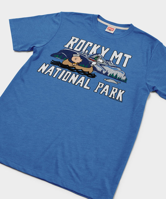 Royal blue cotton t-shirt featuring Charlie Brown and a Rocky Mountain National Park graphic centered on the front chest-1