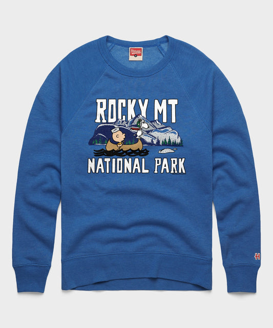 Royal blue crewneck sweatshirt featuring Charlie Brown and a Rocky Mountain National Park graphic on the front chest-0