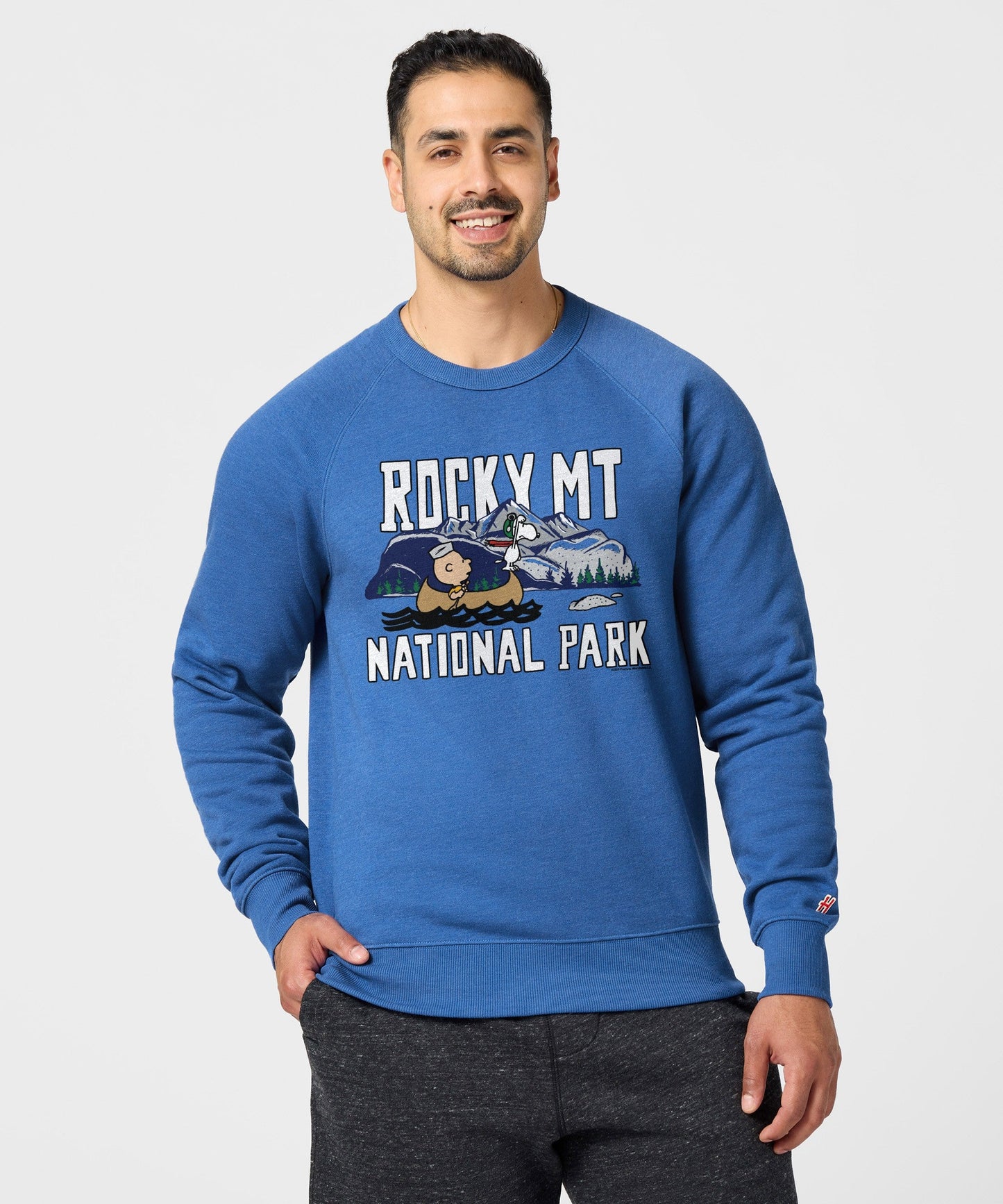 Back view of the royal blue Peanuts crewneck sweatshirt with a plain back