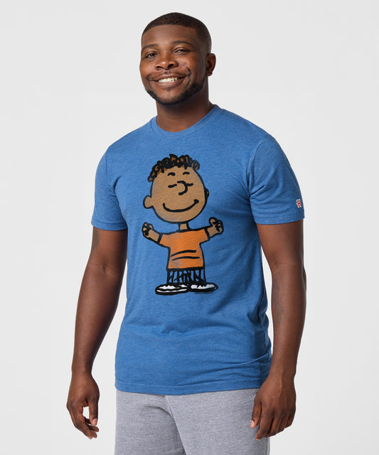 Royal blue t-shirt featuring a graphic of Franklin from Peanuts centered on the front-2