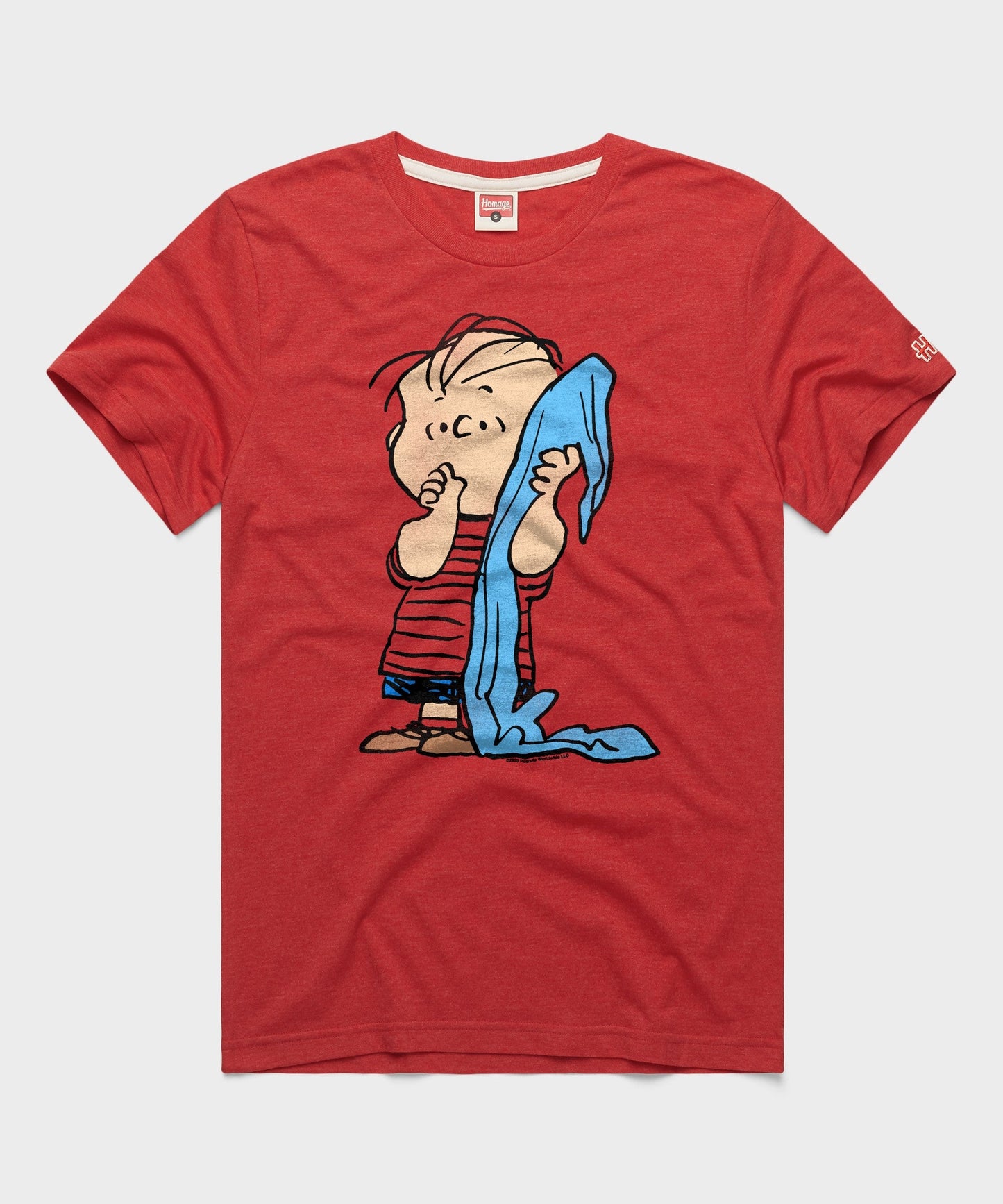 Red crewneck t-shirt featuring a graphic of Linus van Pelt holding his blue security blanket on the front