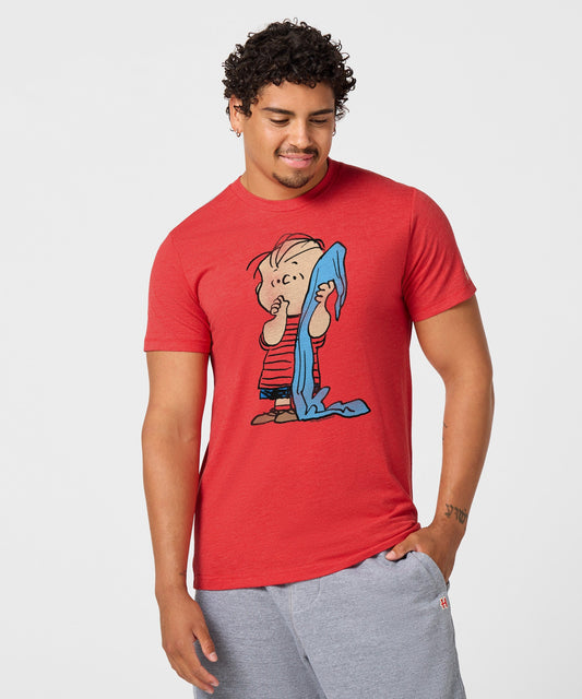 Red crewneck t-shirt featuring a graphic of Linus van Pelt holding his blue security blanket on the front-2