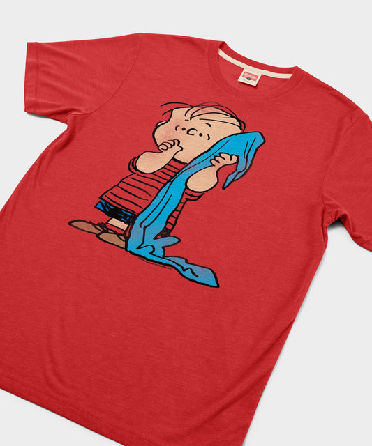 Red crewneck t-shirt featuring a graphic of Linus van Pelt holding his blue security blanket on the front-1