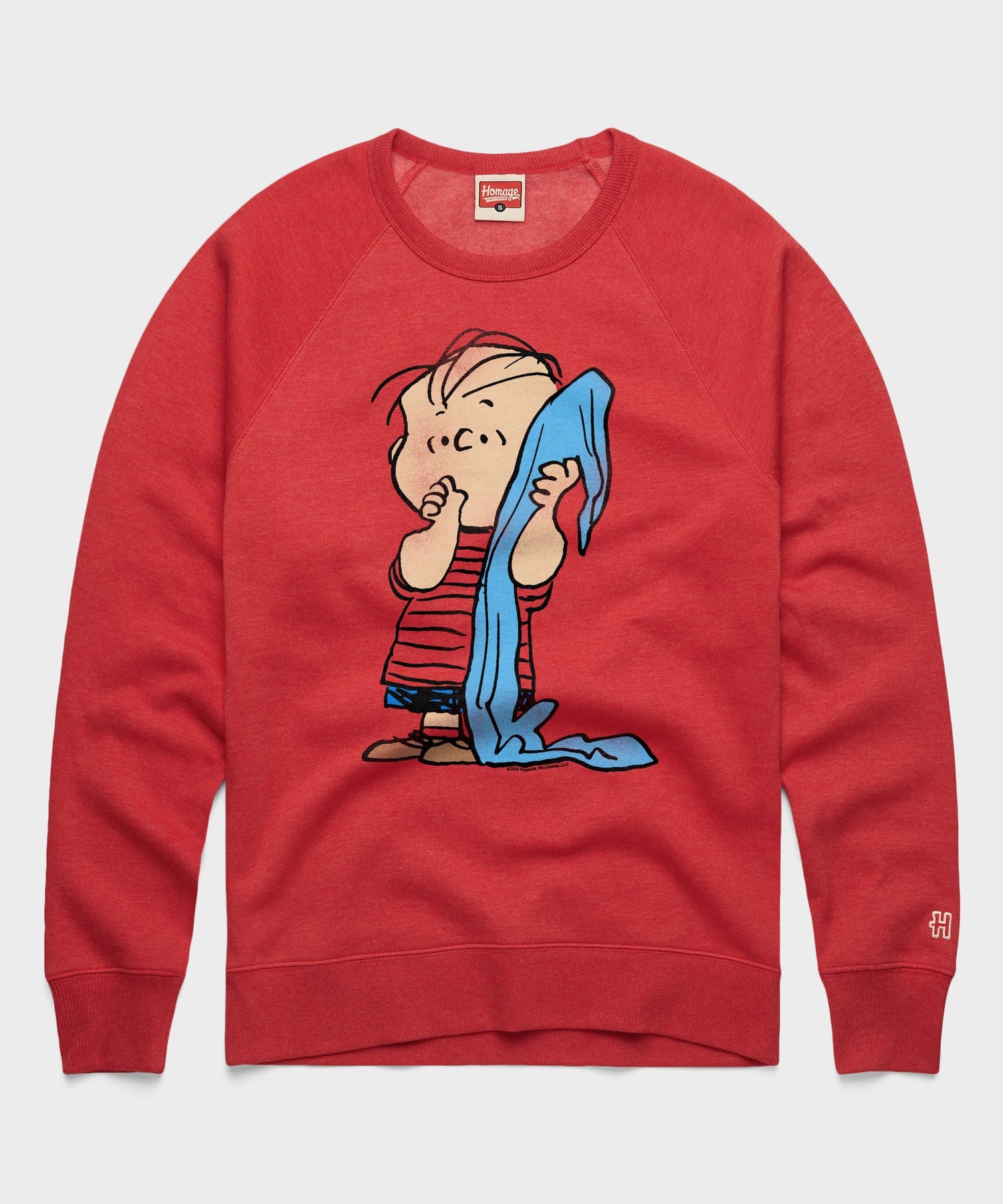 Red crew-neck sweatshirt featuring Linus van Pelt holding his blue security blanket centered on the front