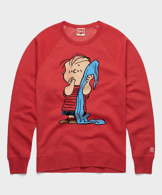 Red crew-neck sweatshirt featuring Linus van Pelt holding his blue security blanket centered on the front-0
