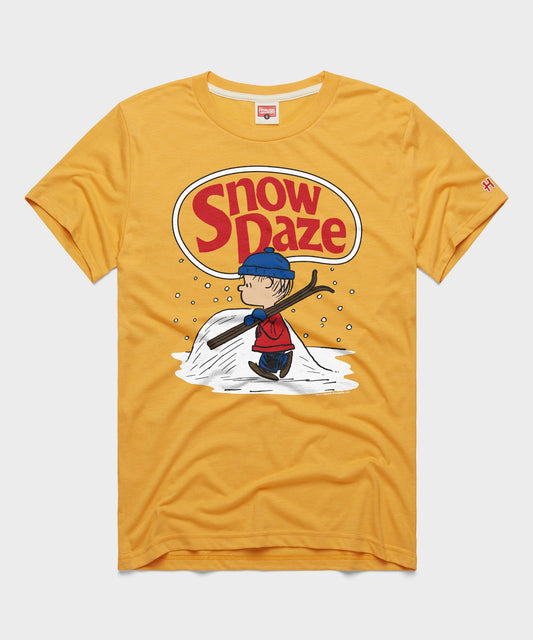 Gold short-sleeve t-shirt featuring a vintage-inspired Linus snow day graphic centered on the front chest-0