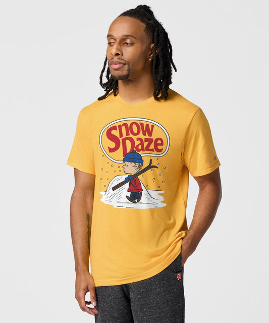 Gold short-sleeve t-shirt featuring a vintage-inspired Linus snow day graphic centered on the front chest-2