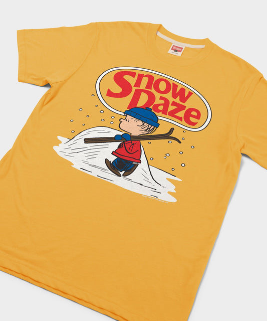 Gold short-sleeve t-shirt featuring a vintage-inspired Linus snow day graphic centered on the front chest-1