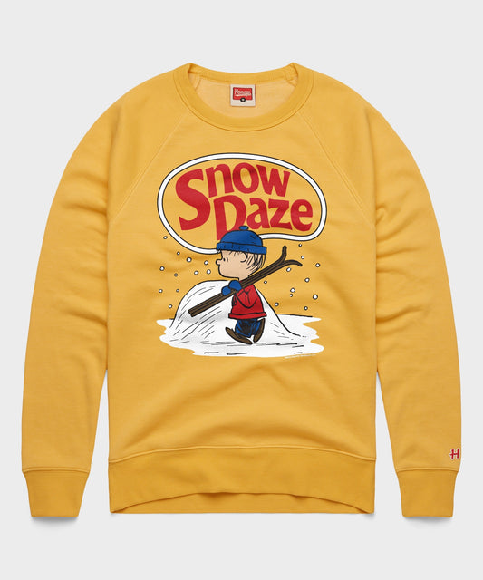 Gold crewneck sweatshirt featuring Linus standing with his blue blanket in the snow on the chest-0