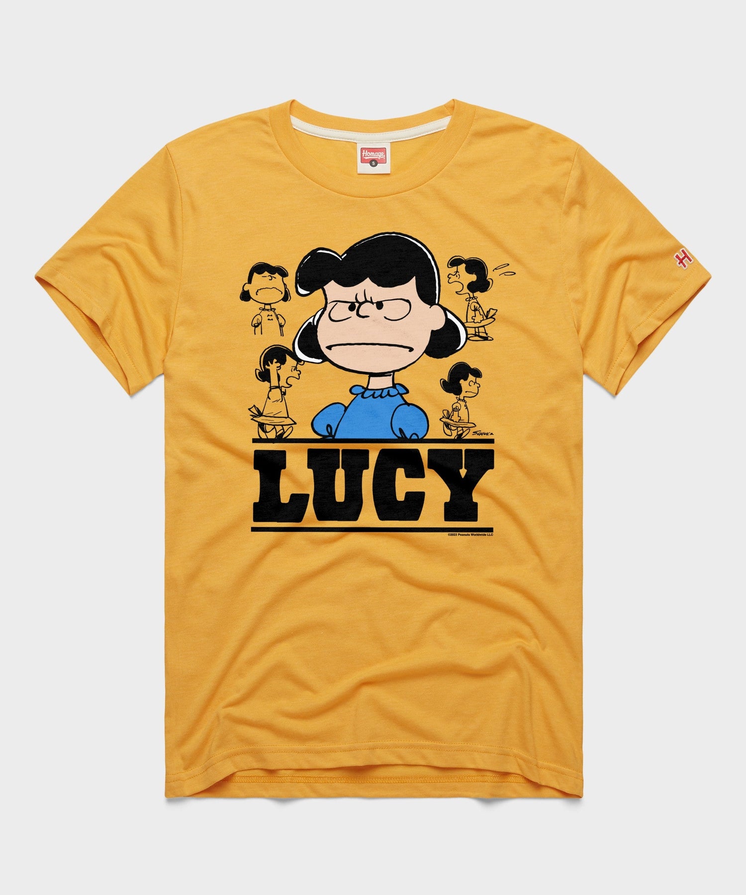 Gold crew-neck t-shirt featuring a vintage screen-printed graphic of Lucy van Pelt on the front chest