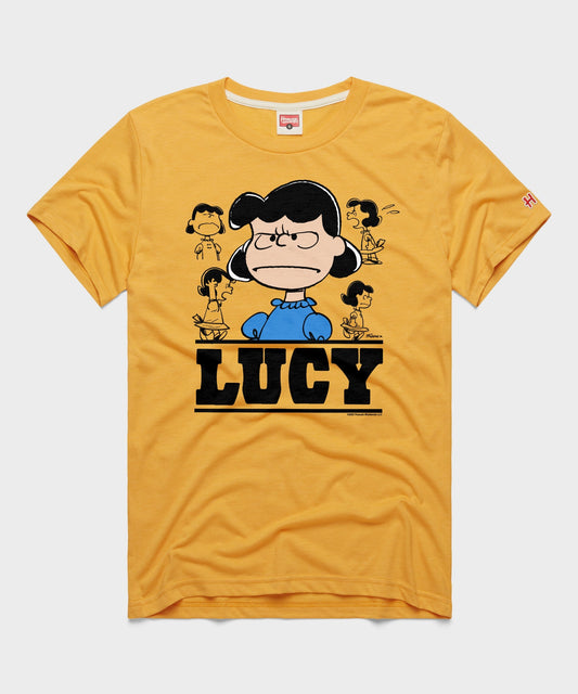 Gold crew-neck t-shirt featuring a vintage screen-printed graphic of Lucy van Pelt on the front chest-0