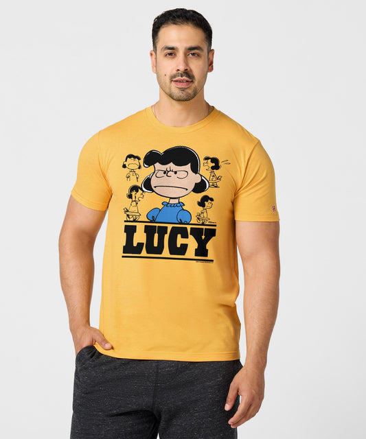 Gold crew-neck t-shirt featuring a vintage screen-printed graphic of Lucy van Pelt on the front chest-2