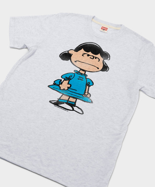 Ash grey t-shirt featuring a graphic of Lucy van Pelt on the front chest-1