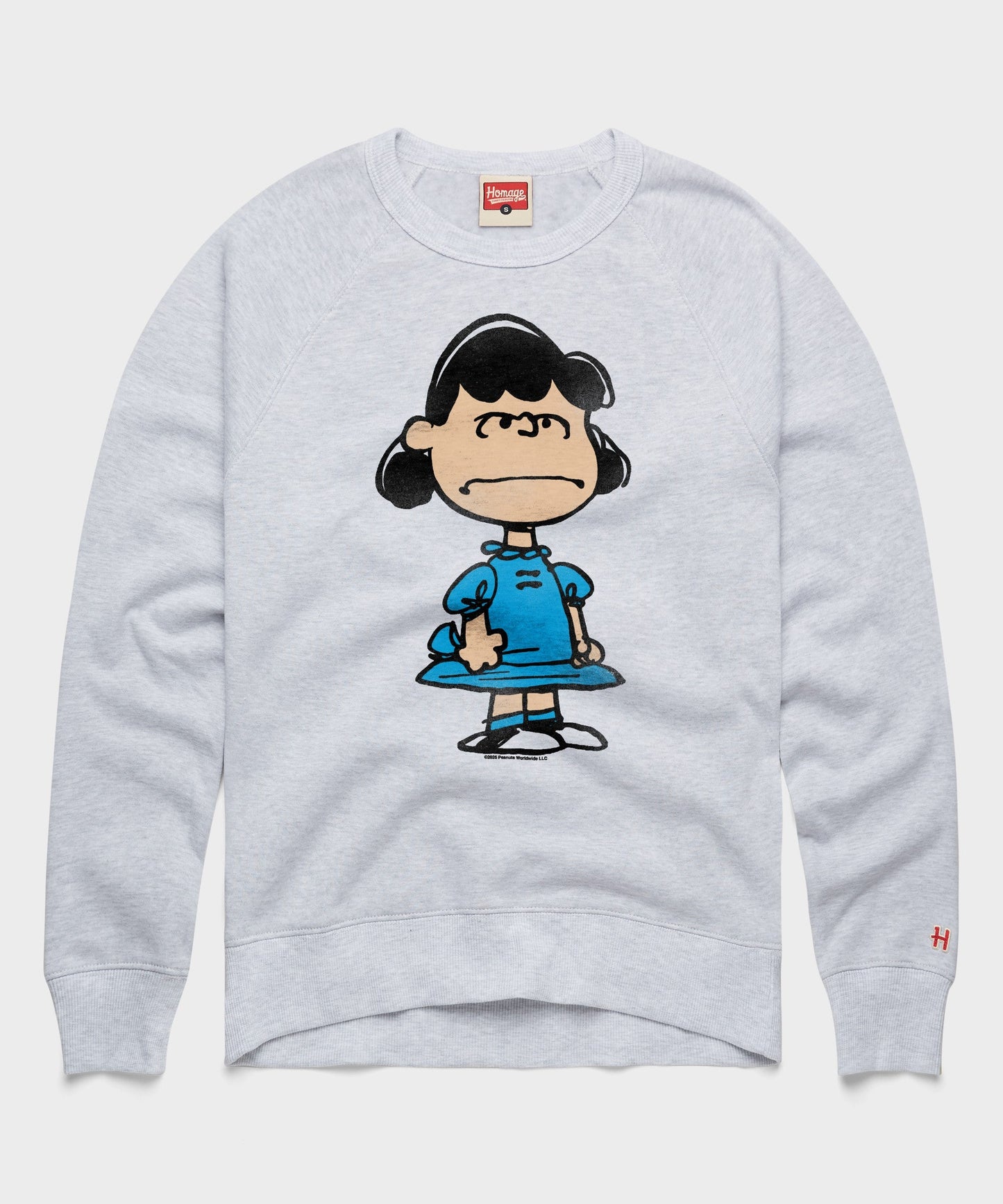 Ash gray crewneck sweatshirt featuring a graphic of Lucy van Pelt on the front chest