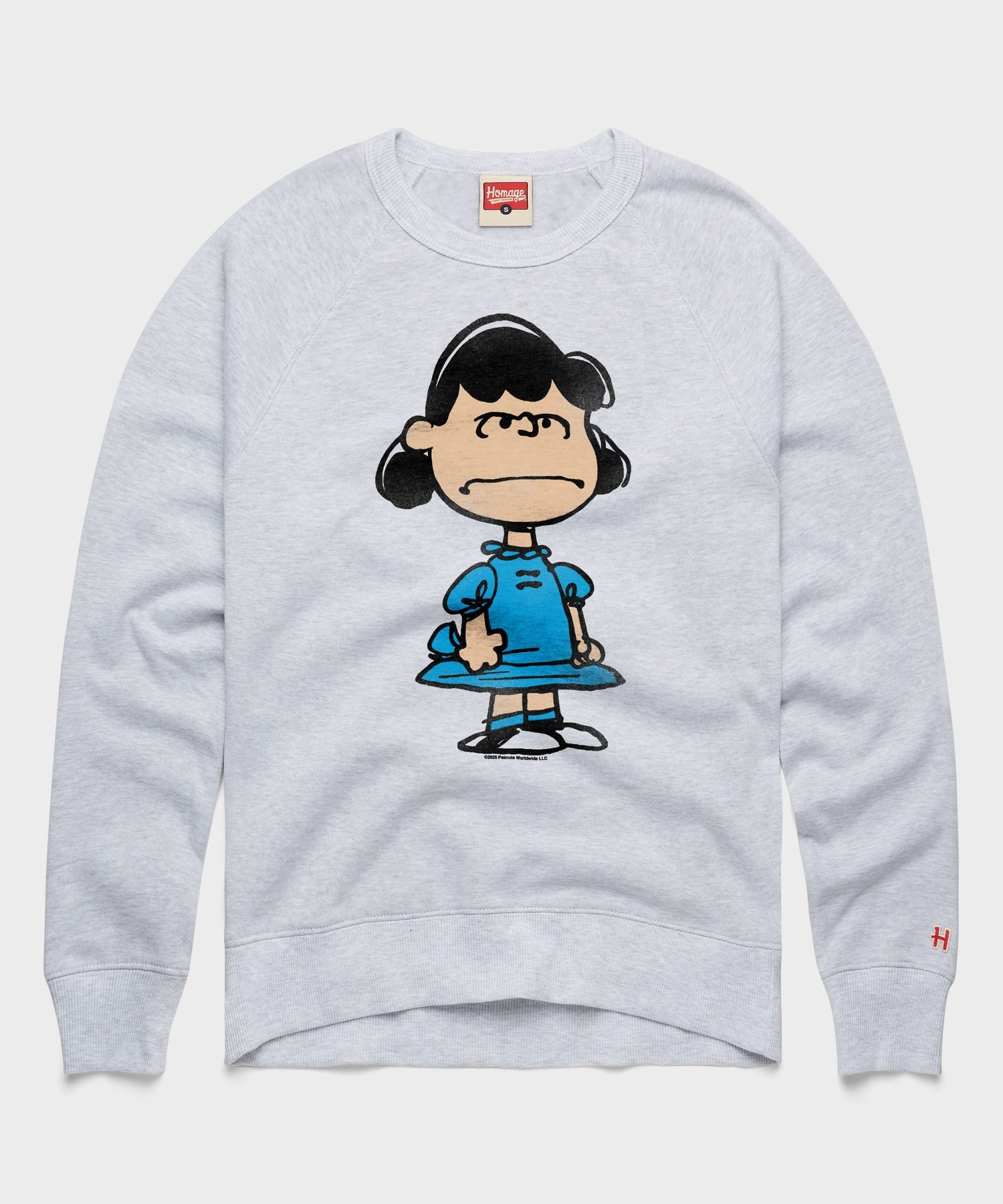Ash gray crewneck sweatshirt featuring a graphic of Lucy van Pelt on the front chest