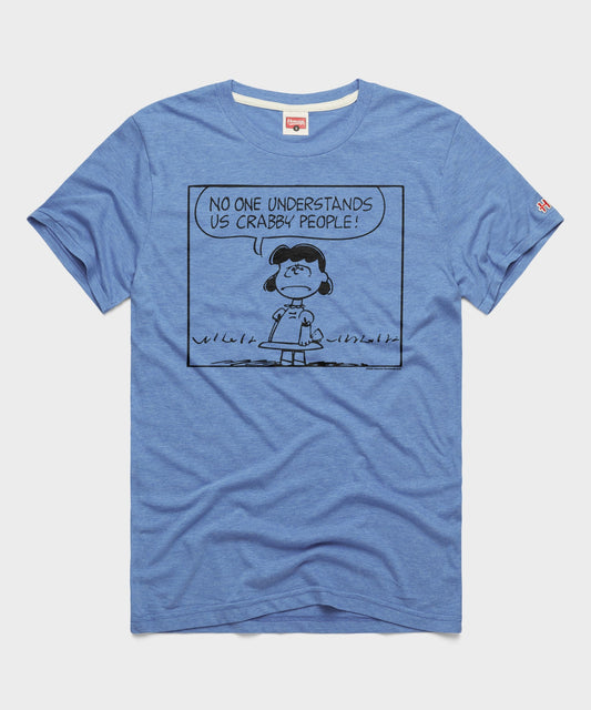 Light blue HOMAGE x Peanuts t-shirt featuring a graphic of Lucy van Pelt with the text Crabby People centered on the front-0