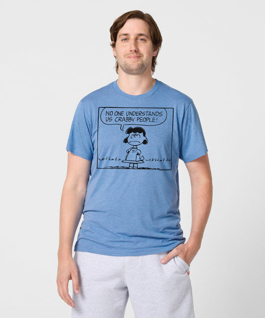 Light blue HOMAGE x Peanuts t-shirt featuring a graphic of Lucy van Pelt with the text Crabby People centered on the front-2