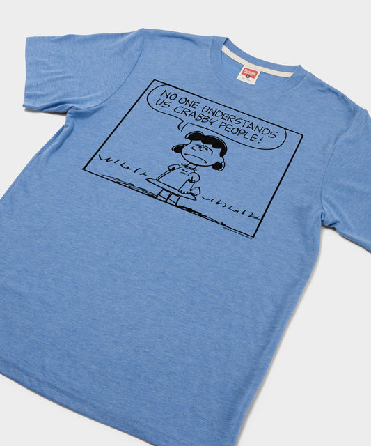 Light blue HOMAGE x Peanuts t-shirt featuring a graphic of Lucy van Pelt with the text Crabby People centered on the front-1